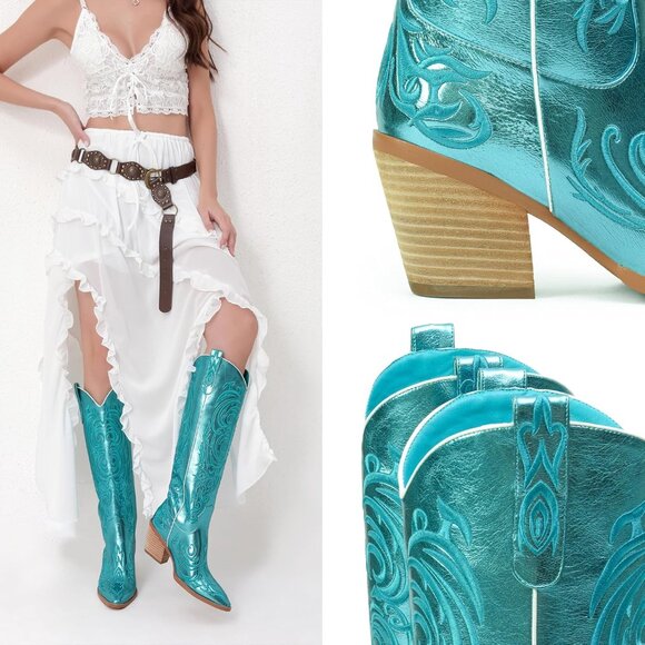 Women Metallic Blue Knee High Pointed Toe Block Heel Cowboy Western Boots - Picture 3 of 8
